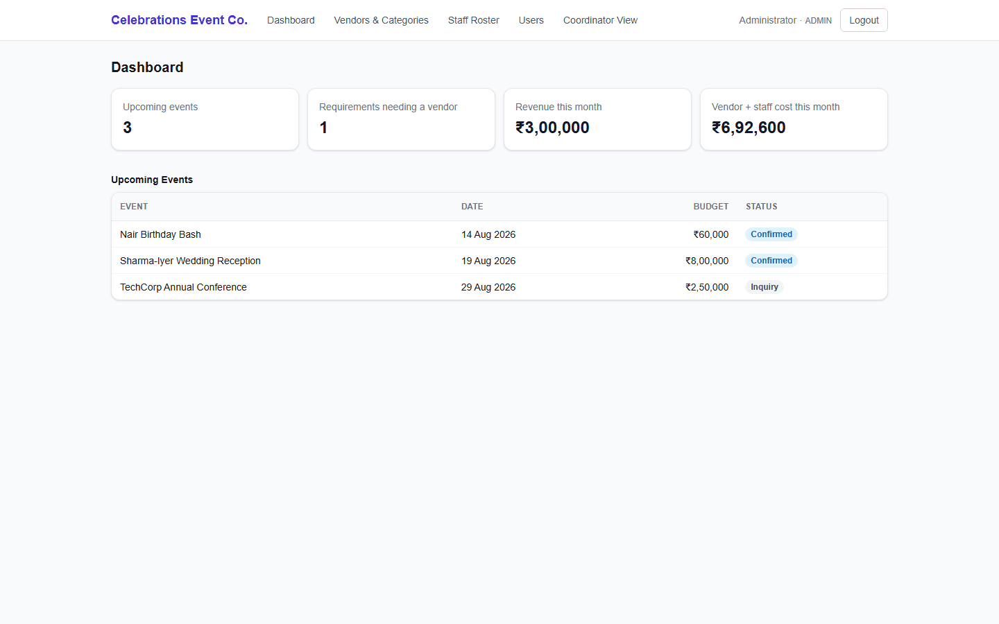 Event Management System — screenshot of the running product