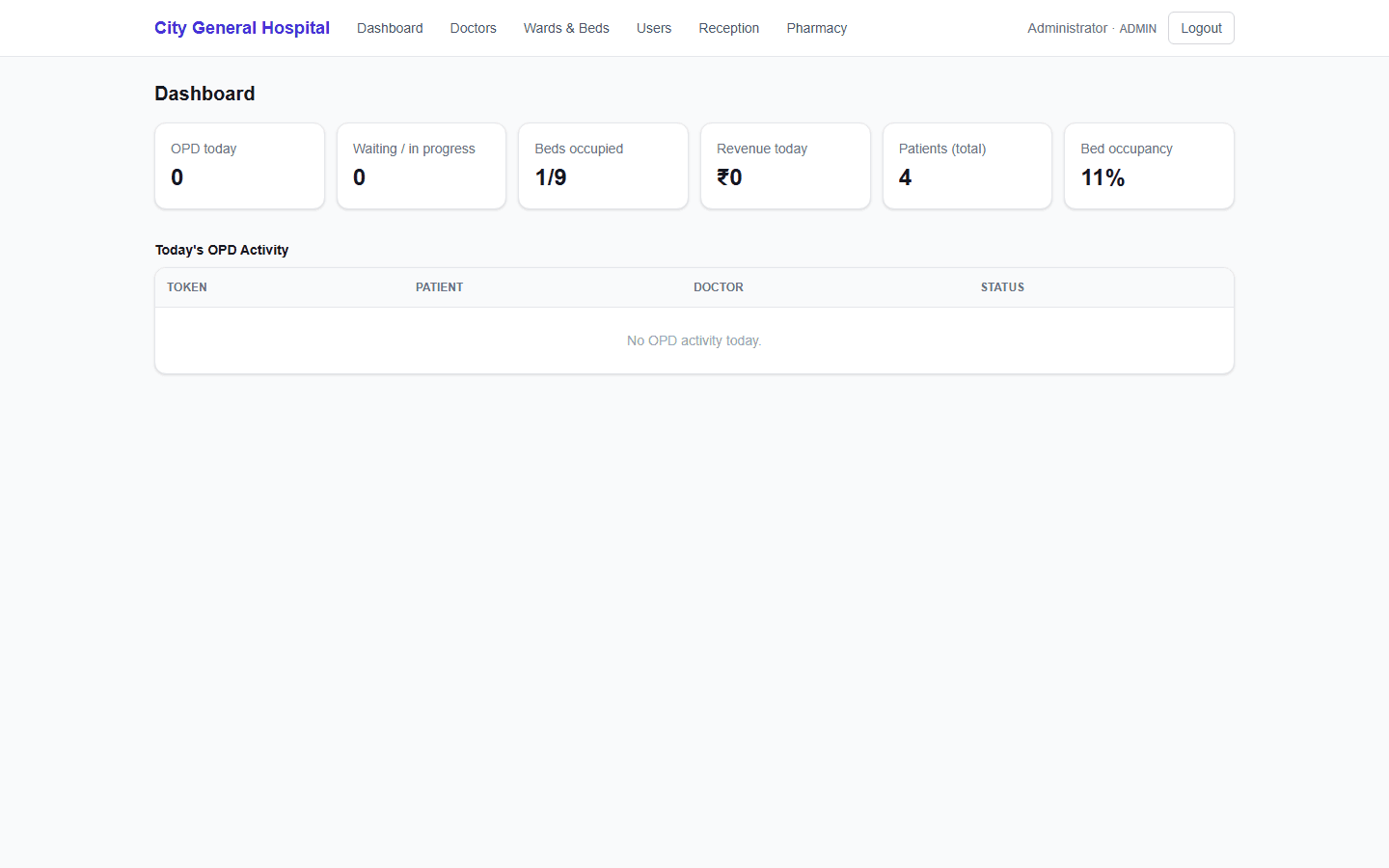 Hospital Management System — screenshot of the running product