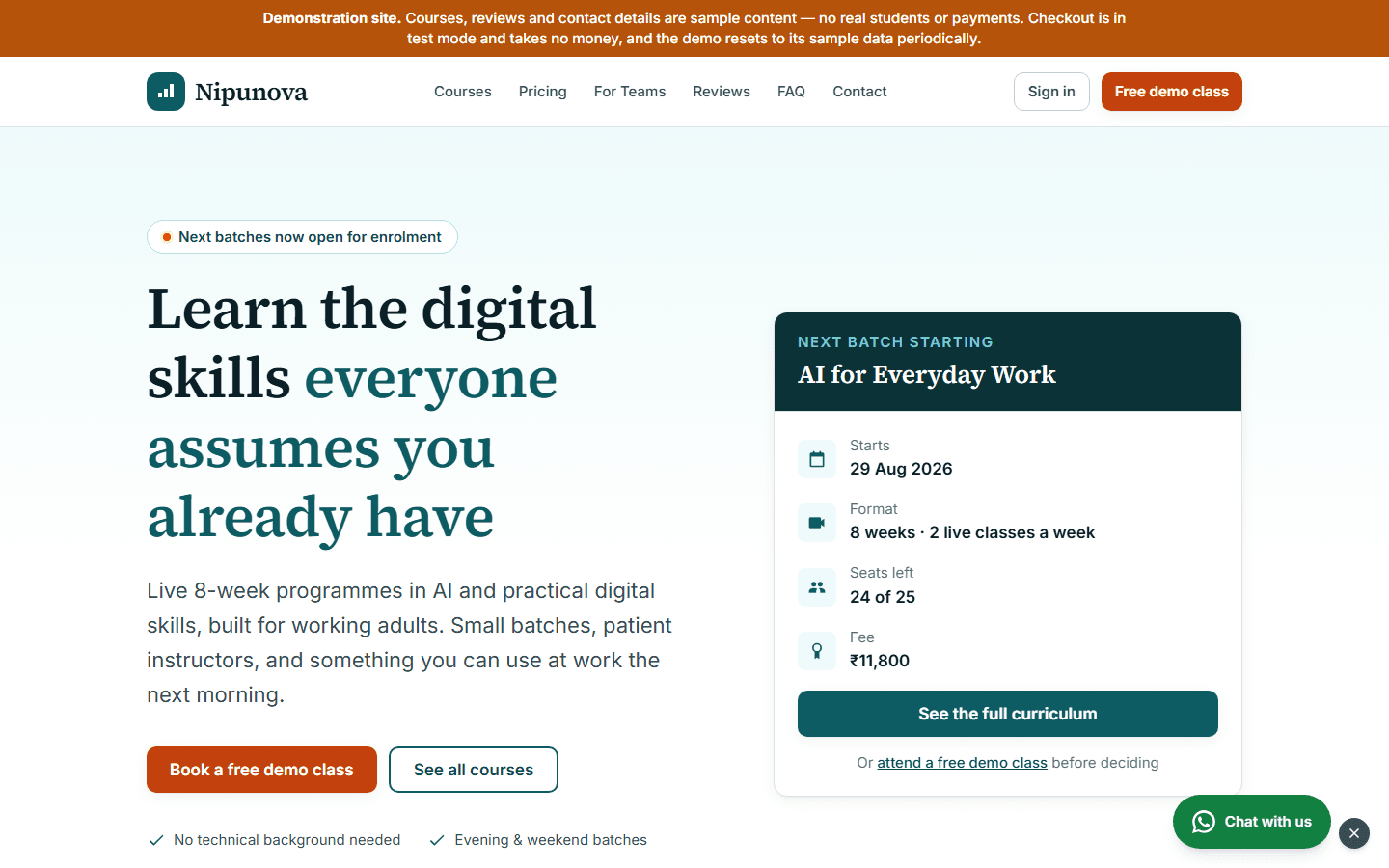 Nipunova — Live-Cohort Learning Platform — screenshot of the running product